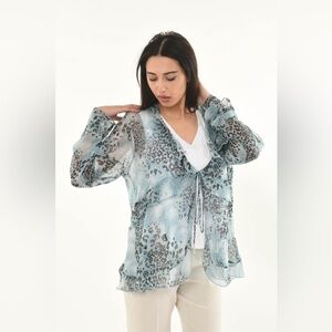 Vintage 80’s George Simonton Aqua Blue & Brown Leopard Print Sheer Cardigan